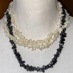 Cut Chip Stone Necklaces Clasp Puka Tied White Cream Black Silver Vintage Estate